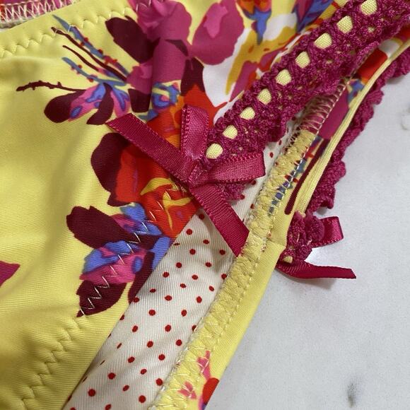 Vintage Betsey Johnson Yellow Gypsy Rose Lace Swim Bikini Bottom Y2K Coquette - Picture 3 of 8